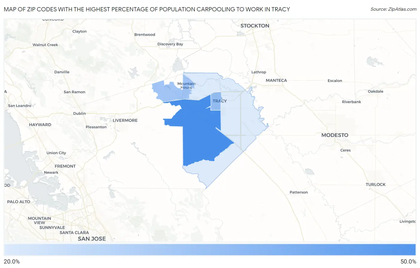 Zip Codes with the Highest Percentage of Population Carpooling to Work in Tracy Map