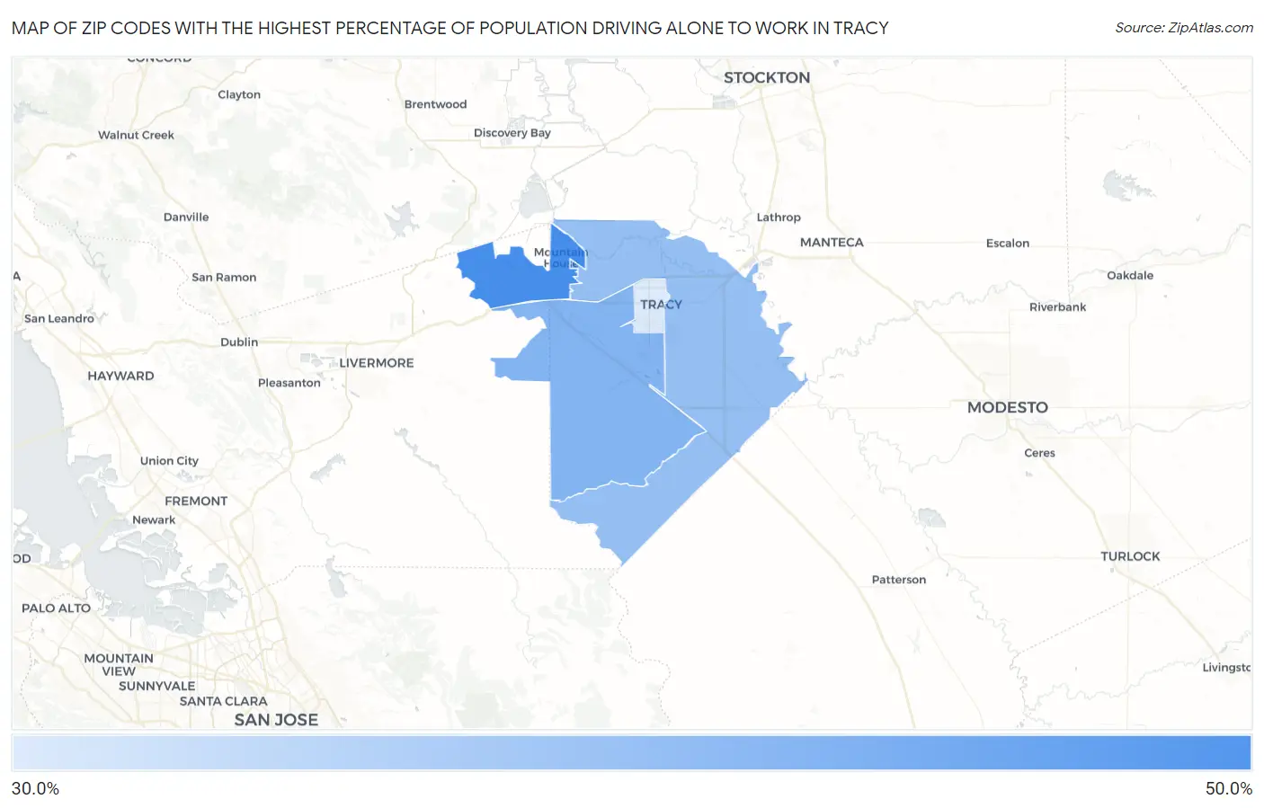 Zip Codes with the Highest Percentage of Population Driving Alone to Work in Tracy Map