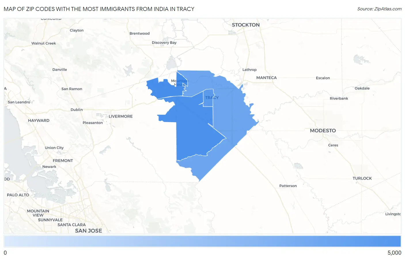 Zip Codes with the Most Immigrants from India in Tracy Map