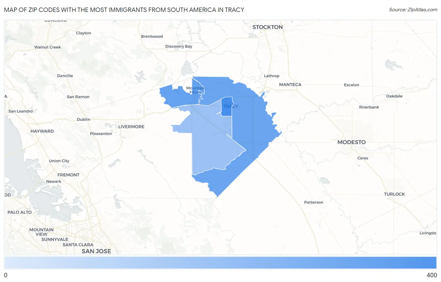 Zip Codes with the Most Immigrants from South America in Tracy Map