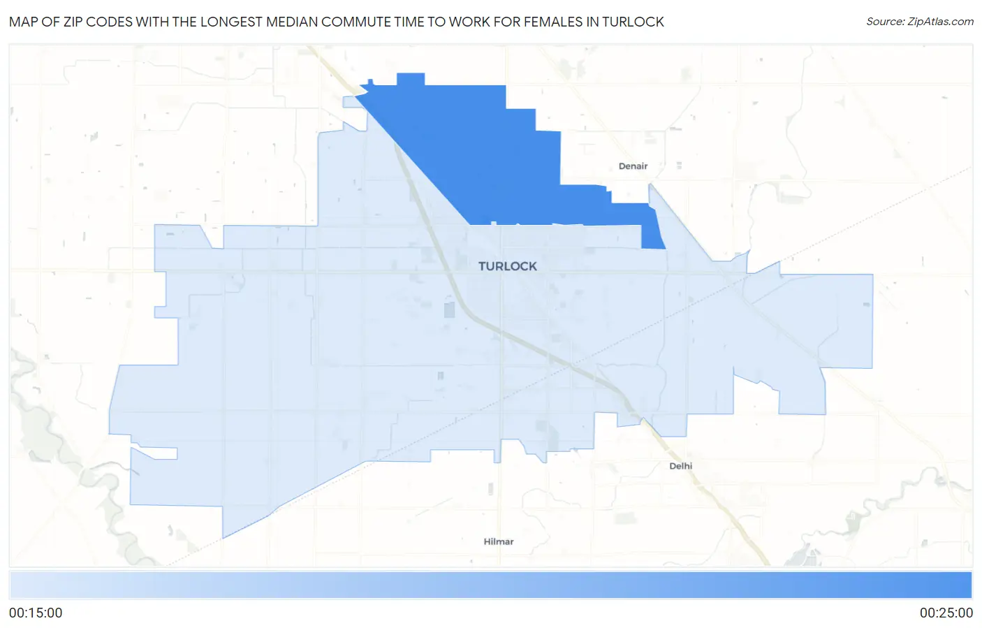 Zip Codes with the Longest Median Commute Time to Work for Females in Turlock Map