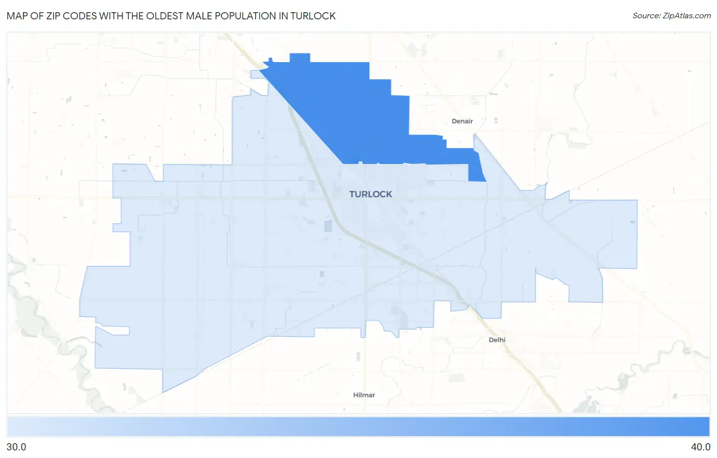 Zip Codes with the Oldest Male Population in Turlock Map