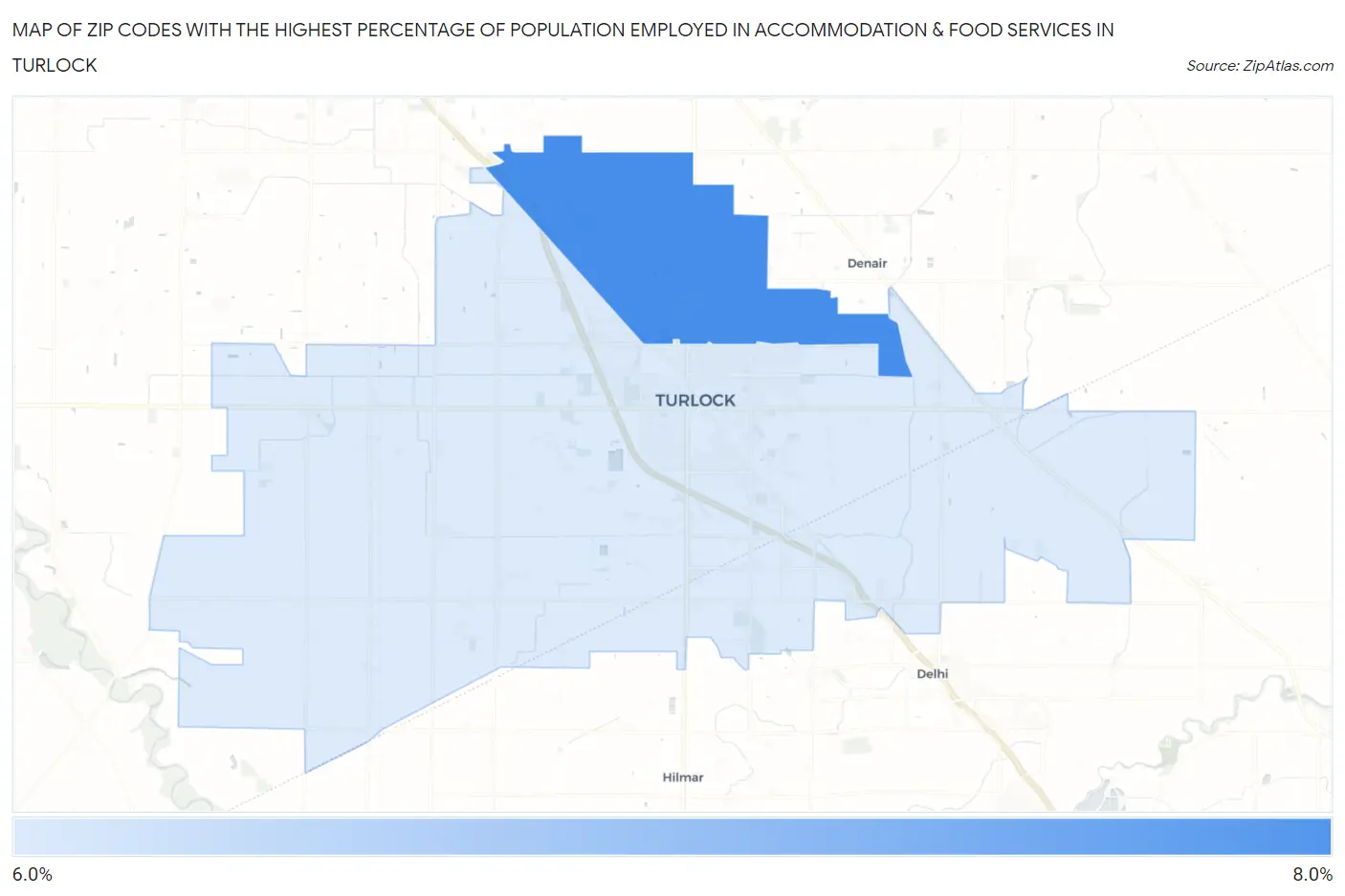 Zip Codes with the Highest Percentage of Population Employed in Accommodation & Food Services in Turlock Map