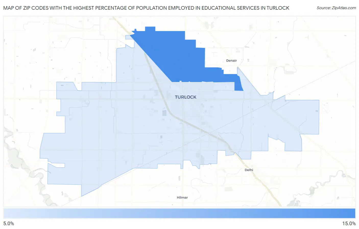 Zip Codes with the Highest Percentage of Population Employed in Educational Services in Turlock Map