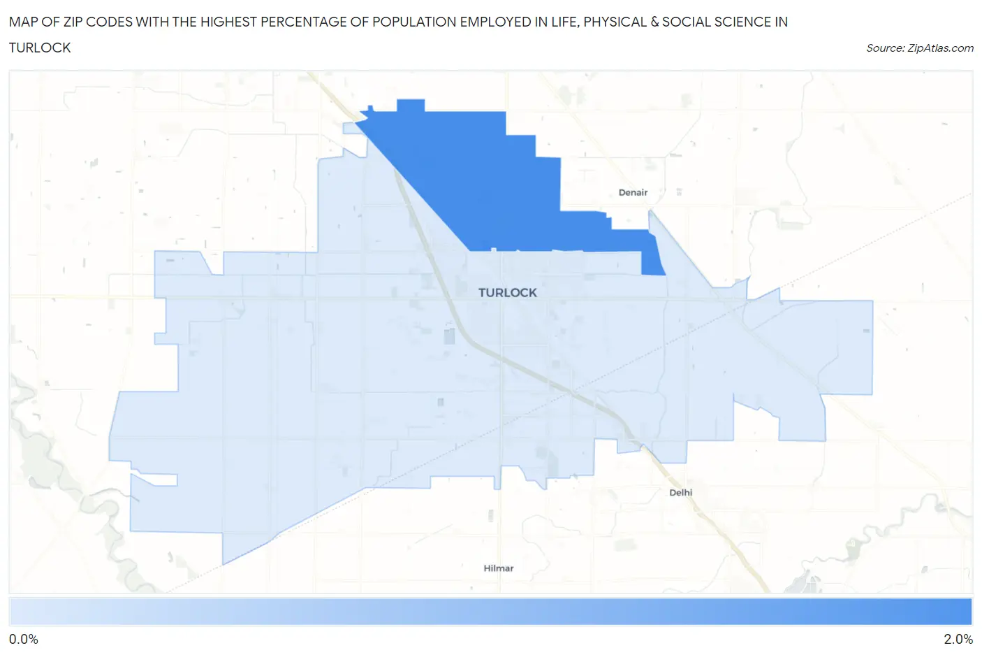 Zip Codes with the Highest Percentage of Population Employed in Life, Physical & Social Science in Turlock Map