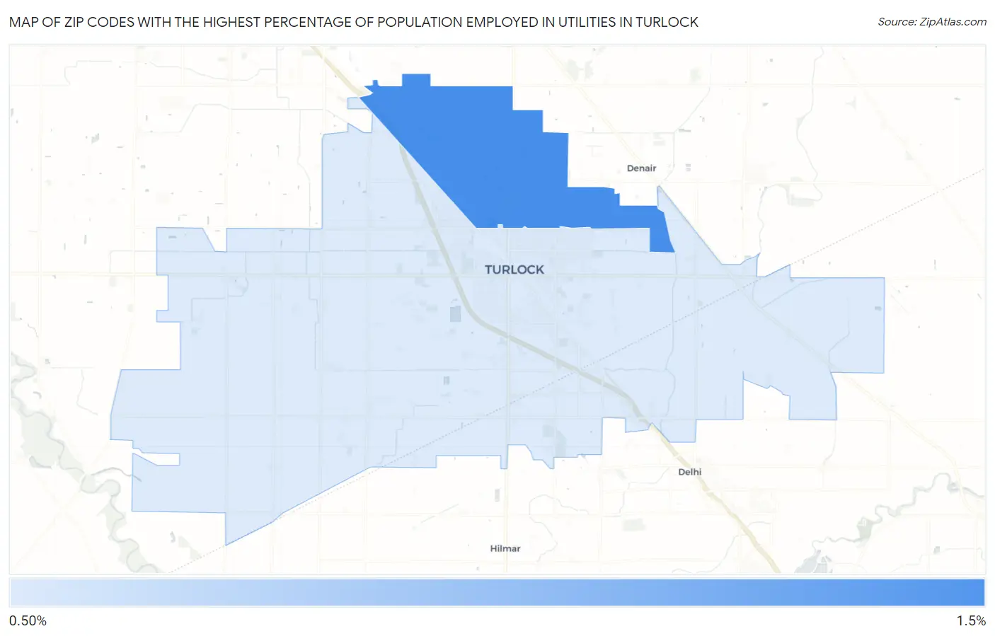 Zip Codes with the Highest Percentage of Population Employed in Utilities in Turlock Map