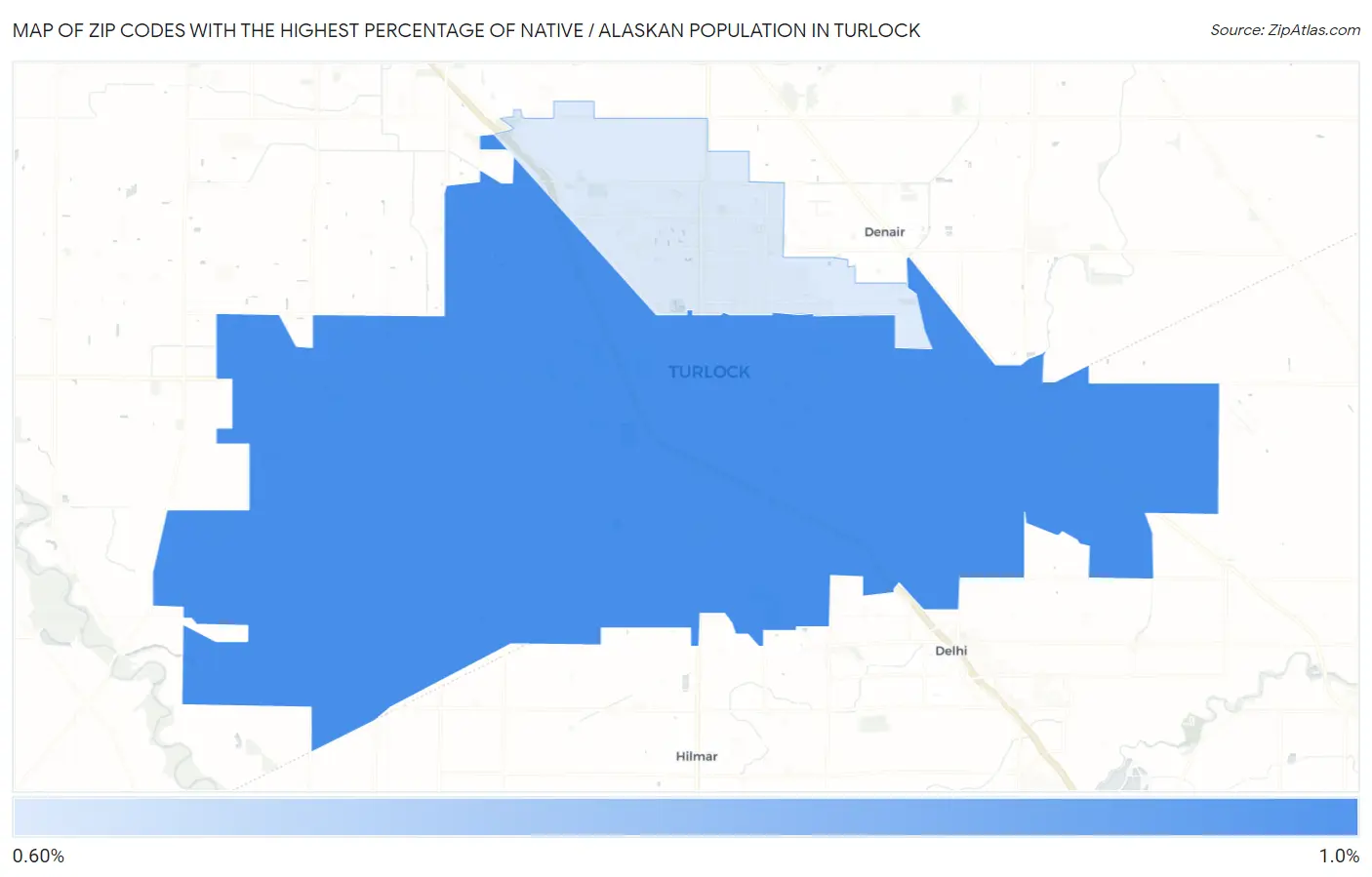 Zip Codes with the Highest Percentage of Native / Alaskan Population in Turlock Map