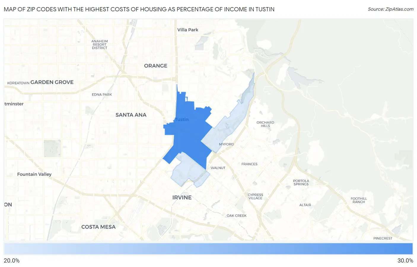 Zip Codes with the Highest Costs of Housing as Percentage of Income in Tustin Map