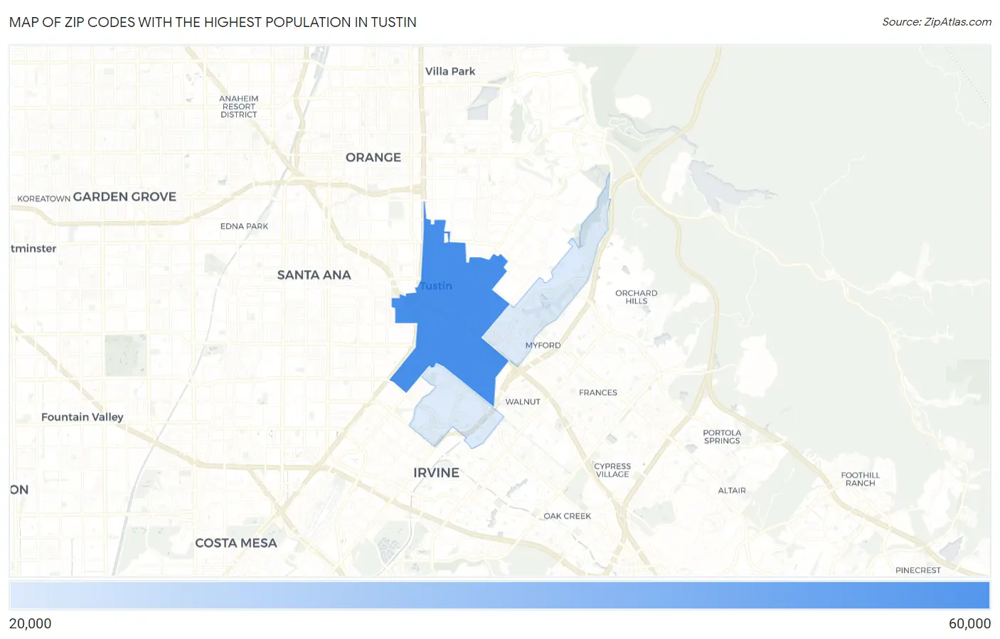Zip Codes with the Highest Population in Tustin Map