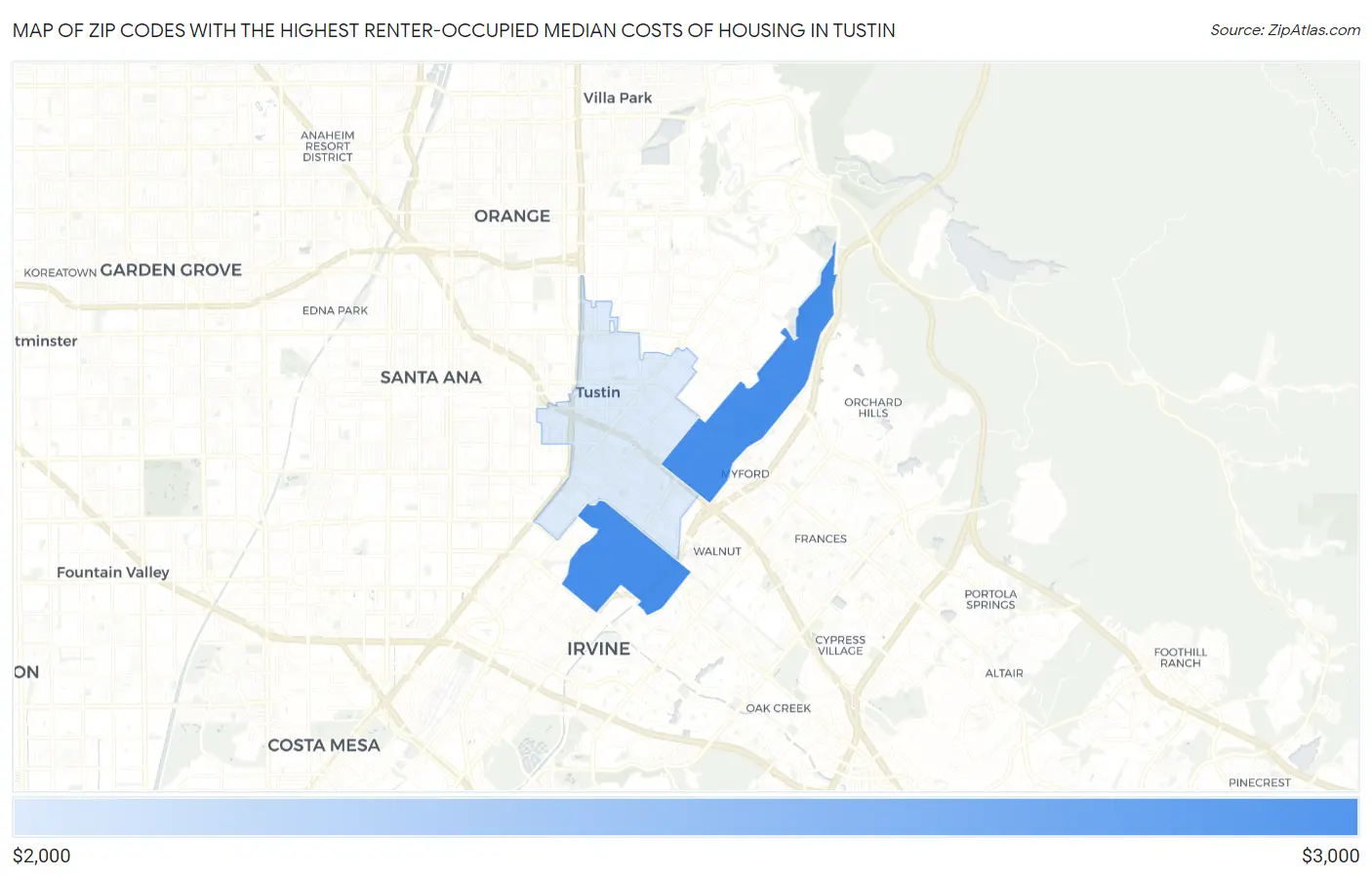 Zip Codes with the Highest Renter-Occupied Median Costs of Housing in Tustin Map