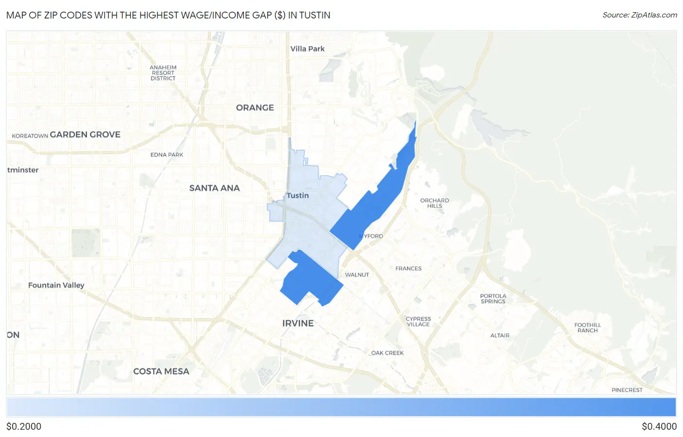 Zip Codes with the Highest Wage/Income Gap ($) in Tustin Map
