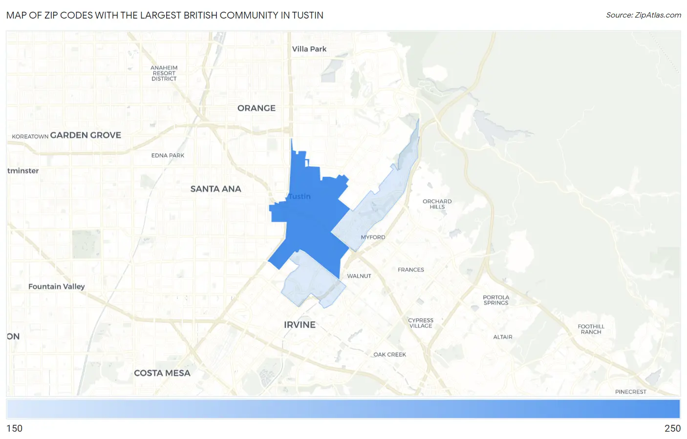 Zip Codes with the Largest British Community in Tustin Map