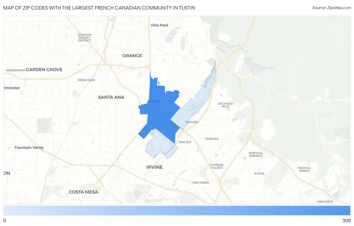 Zip Codes with the Largest French Canadian Community in Tustin Map