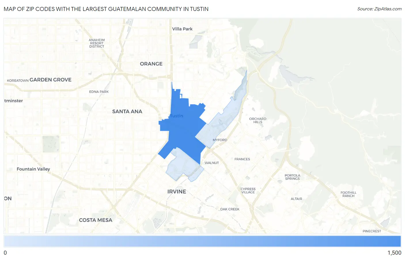 Zip Codes with the Largest Guatemalan Community in Tustin Map