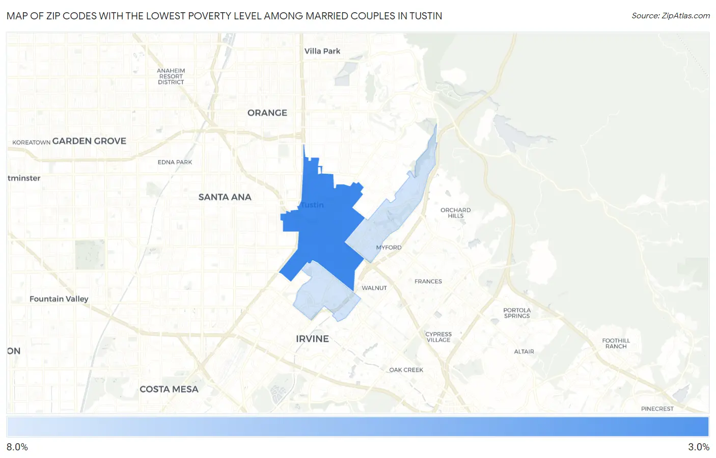 Zip Codes with the Lowest Poverty Level Among Married Couples in Tustin Map