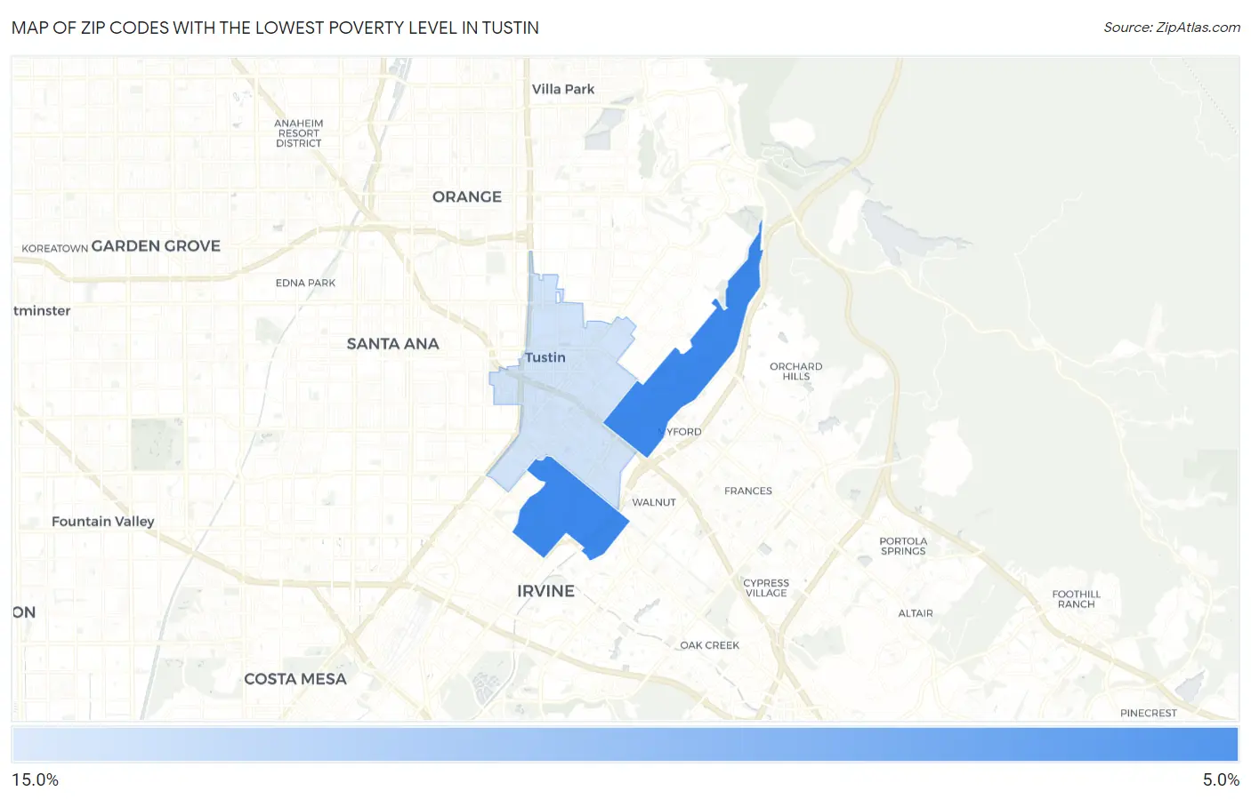 Zip Codes with the Lowest Poverty Level in Tustin Map