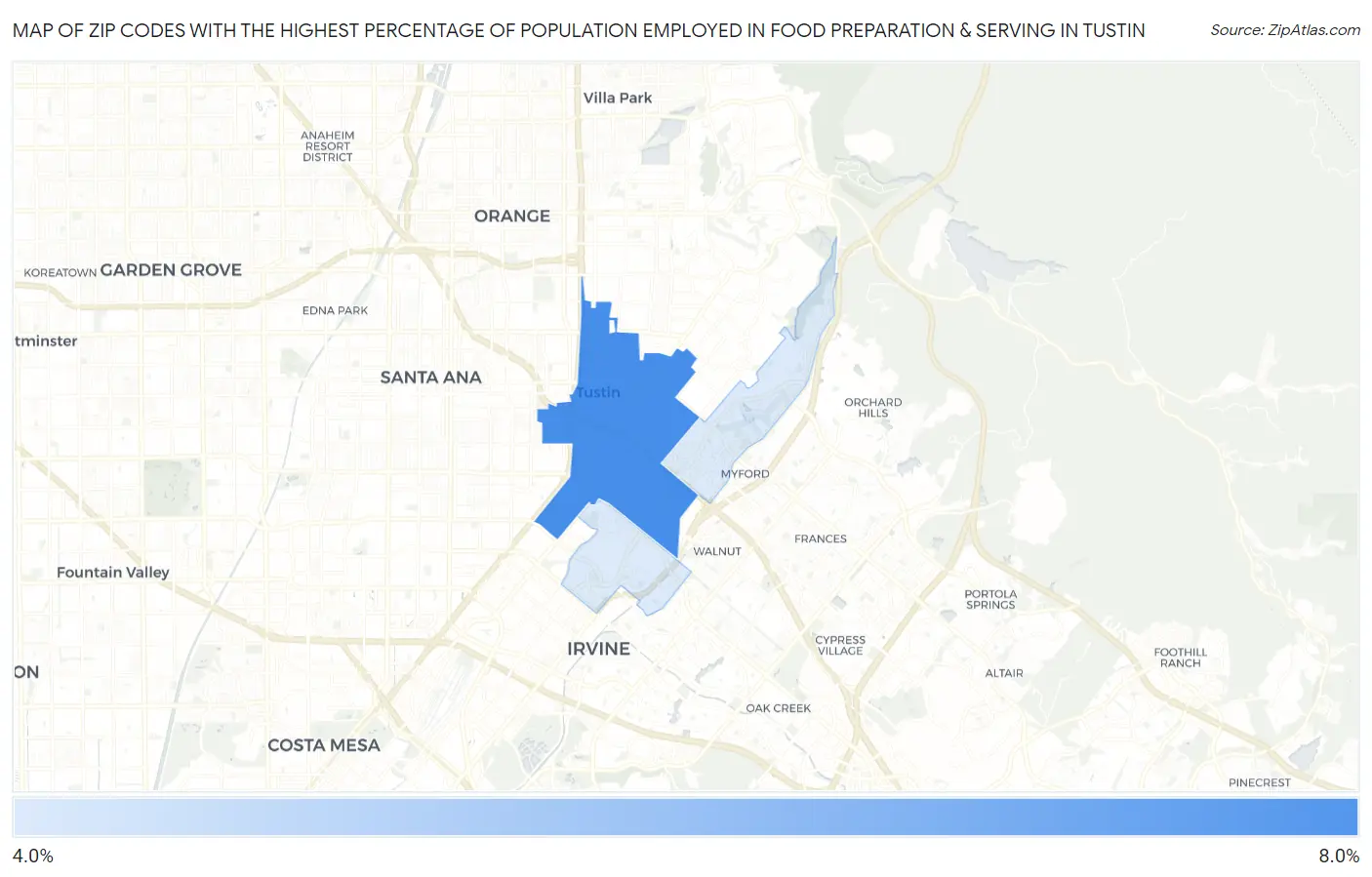 Zip Codes with the Highest Percentage of Population Employed in Food Preparation & Serving in Tustin Map