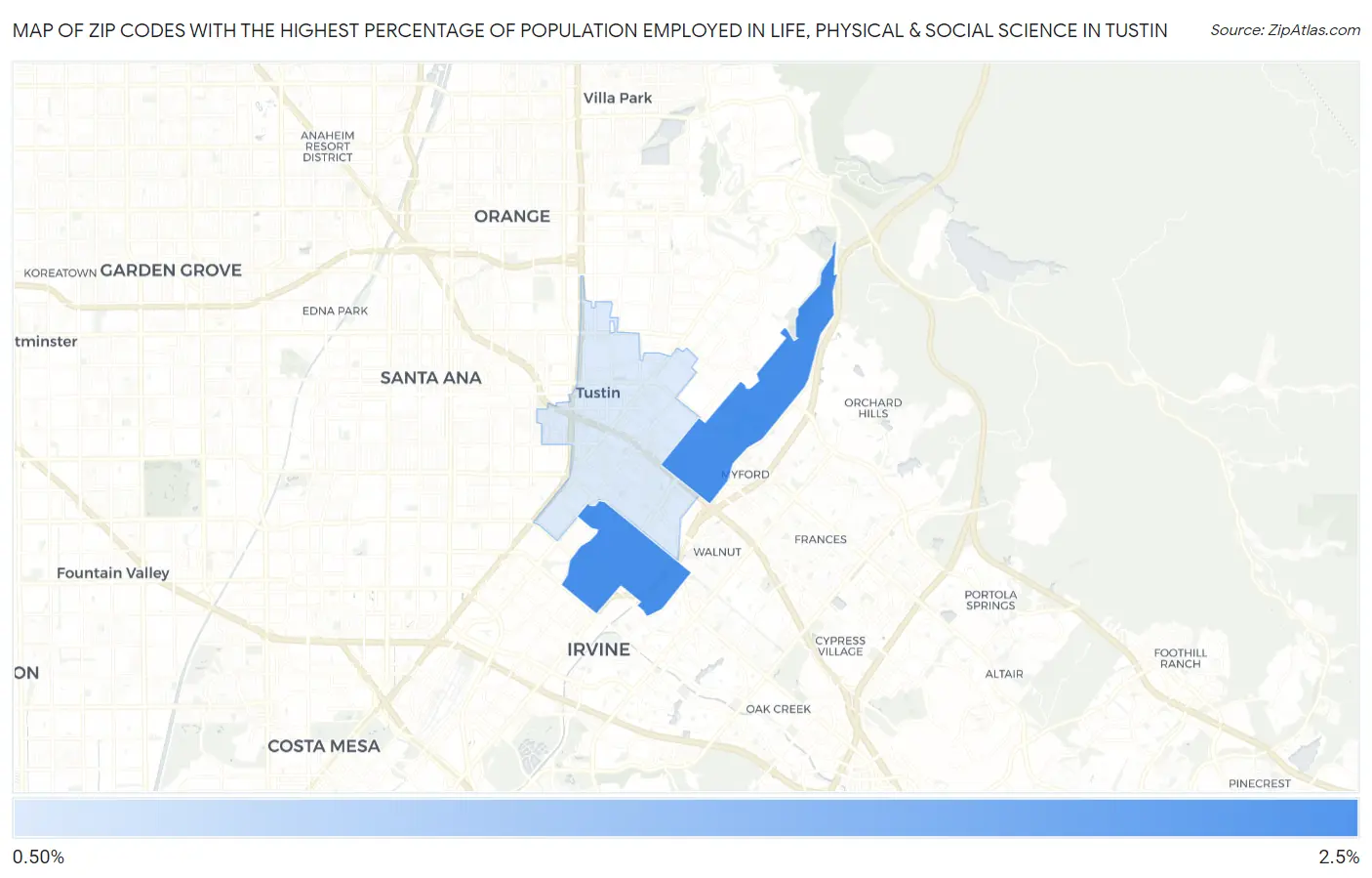 Zip Codes with the Highest Percentage of Population Employed in Life, Physical & Social Science in Tustin Map