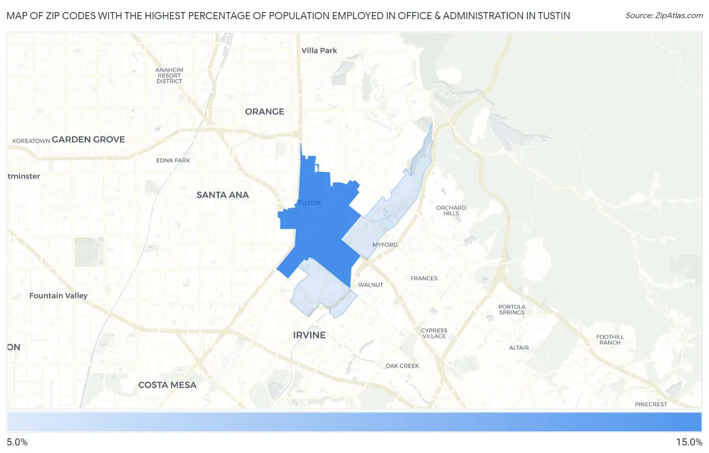 Zip Codes with the Highest Percentage of Population Employed in Office & Administration in Tustin Map