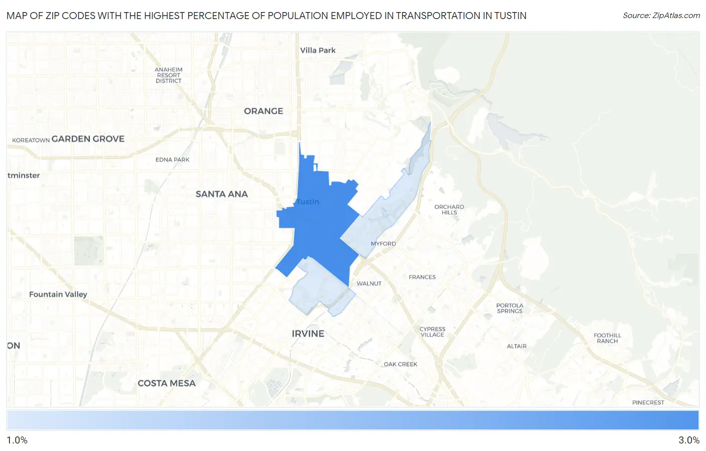 Zip Codes with the Highest Percentage of Population Employed in Transportation in Tustin Map