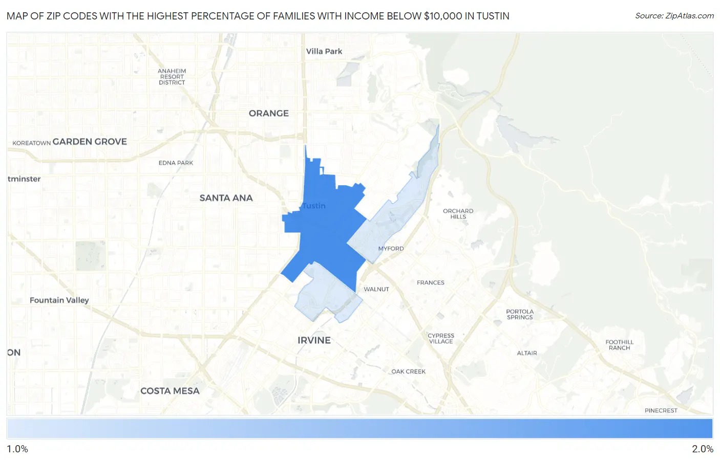 Zip Codes with the Highest Percentage of Families with Income Below $10,000 in Tustin Map