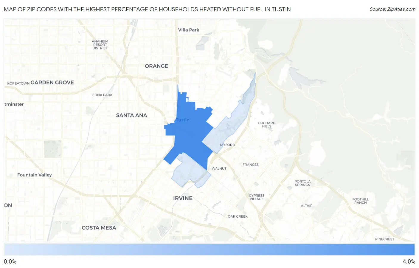 Zip Codes with the Highest Percentage of Households Heated without Fuel in Tustin Map