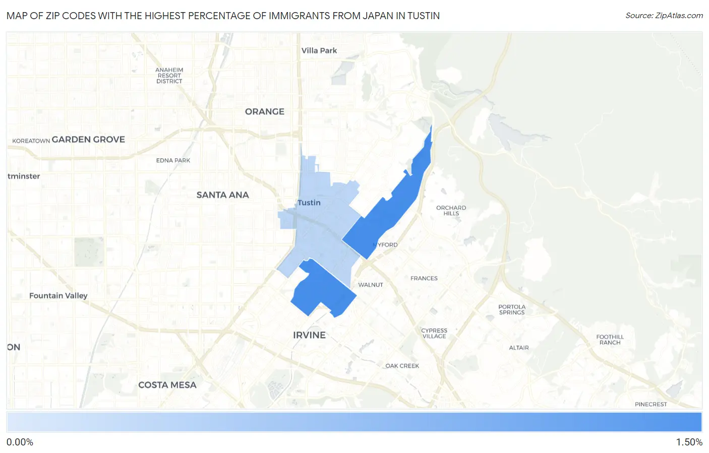 Zip Codes with the Highest Percentage of Immigrants from Japan in Tustin Map