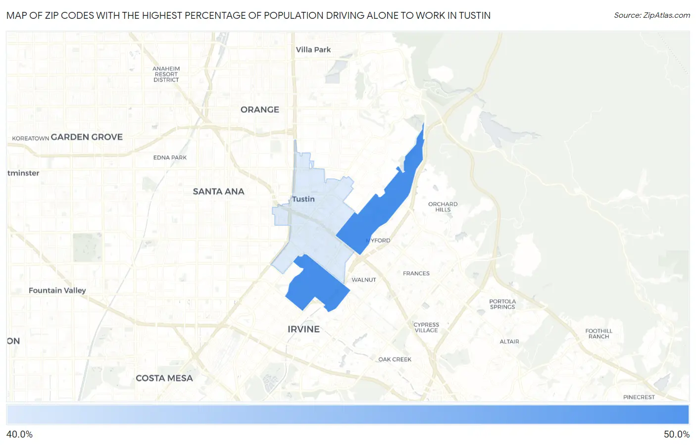 Zip Codes with the Highest Percentage of Population Driving Alone to Work in Tustin Map