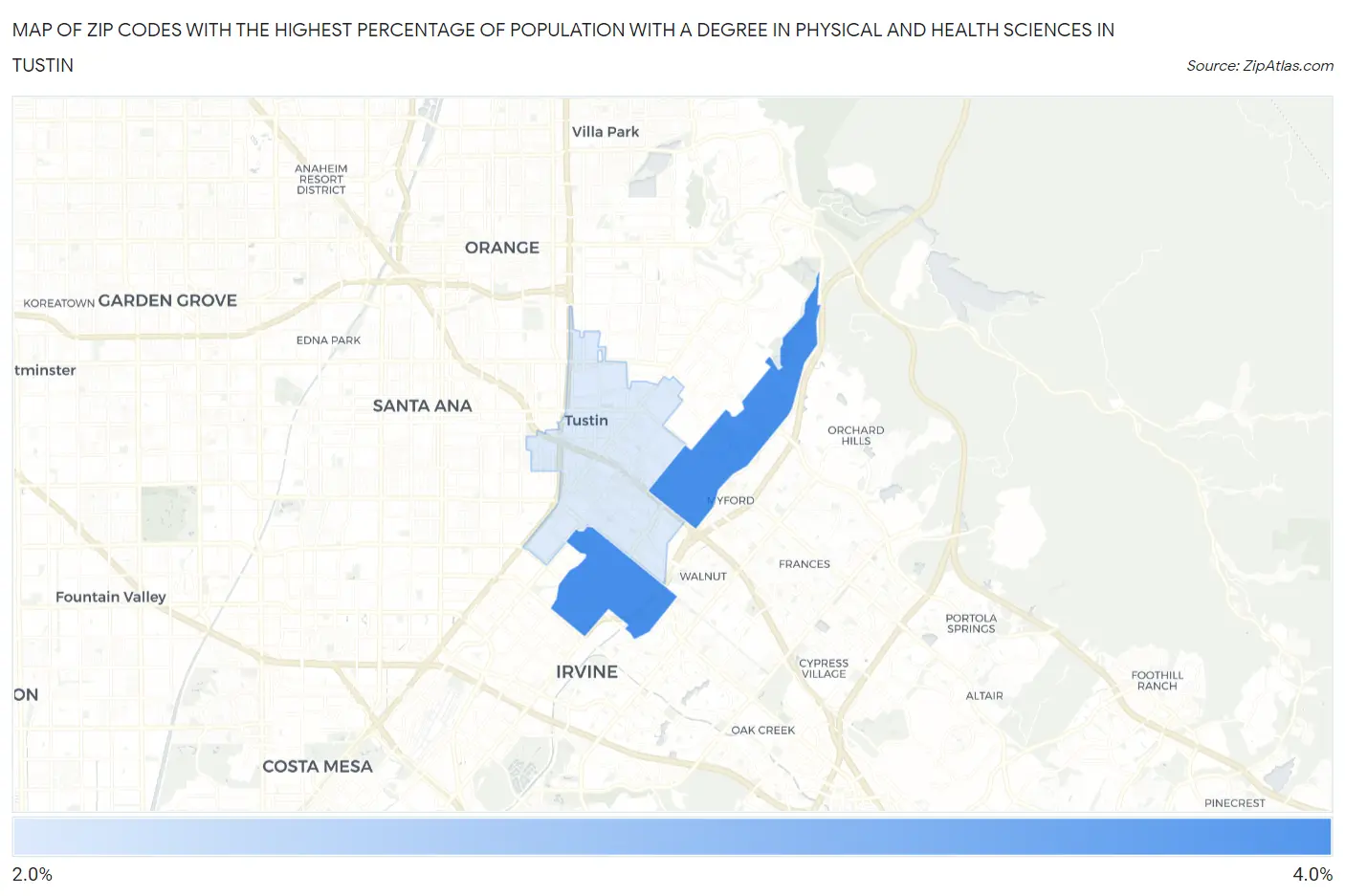 Zip Codes with the Highest Percentage of Population with a Degree in Physical and Health Sciences in Tustin Map