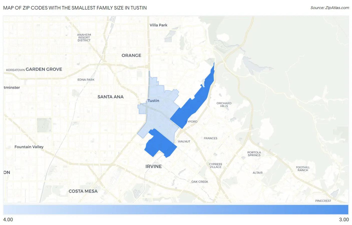 Zip Codes with the Smallest Family Size in Tustin Map