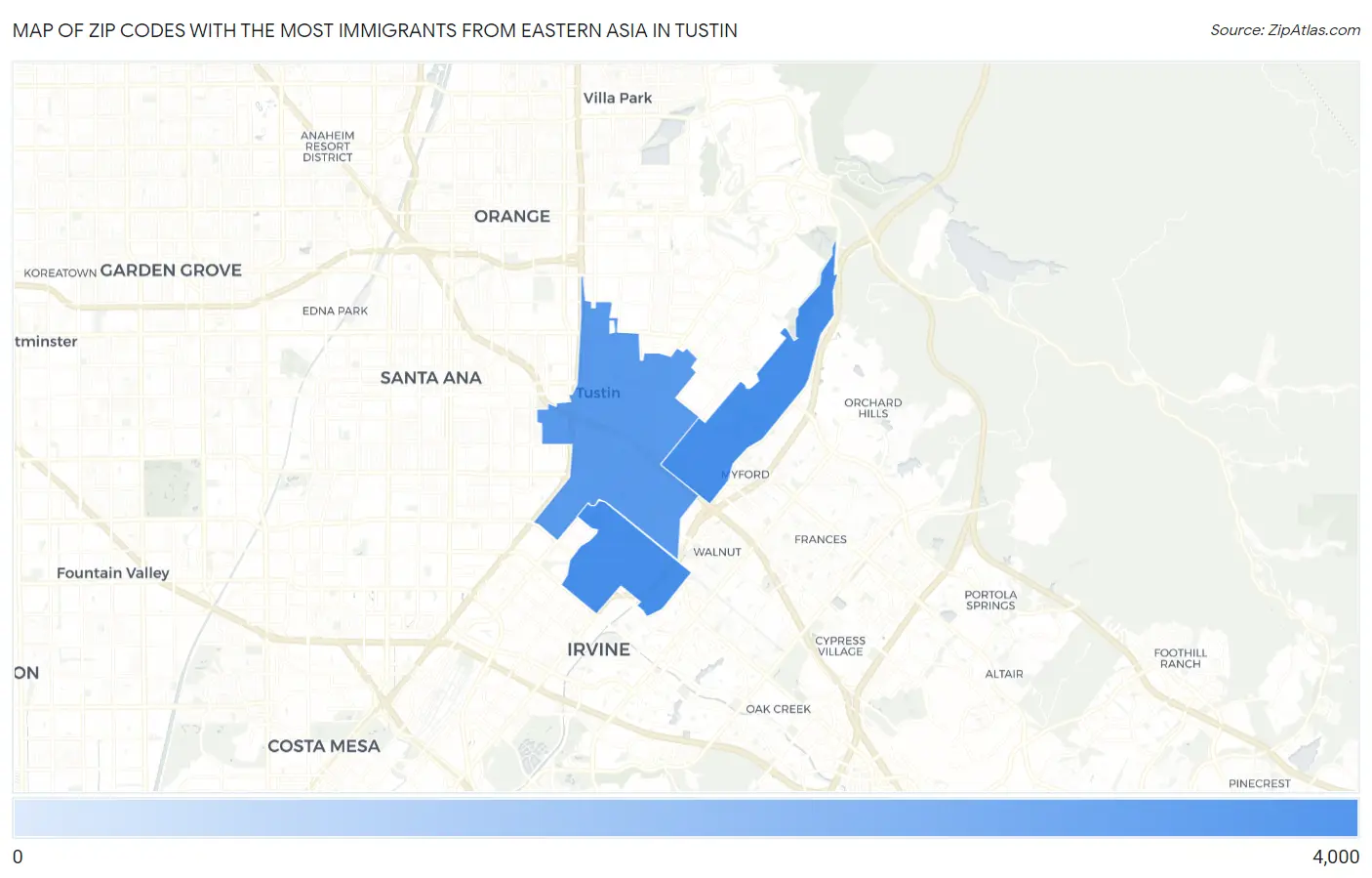 Zip Codes with the Most Immigrants from Eastern Asia in Tustin Map