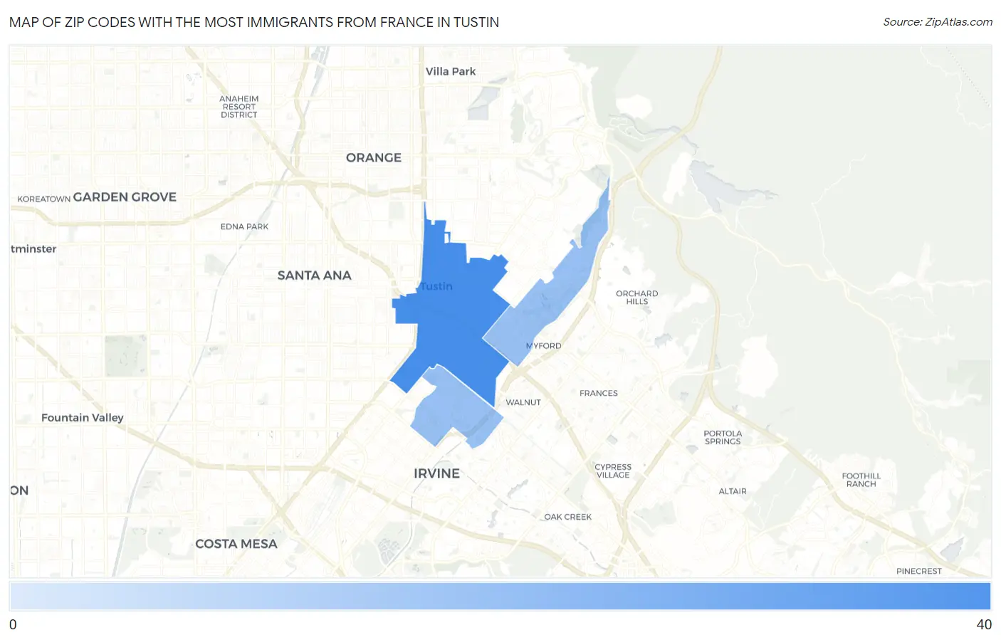 Zip Codes with the Most Immigrants from France in Tustin Map