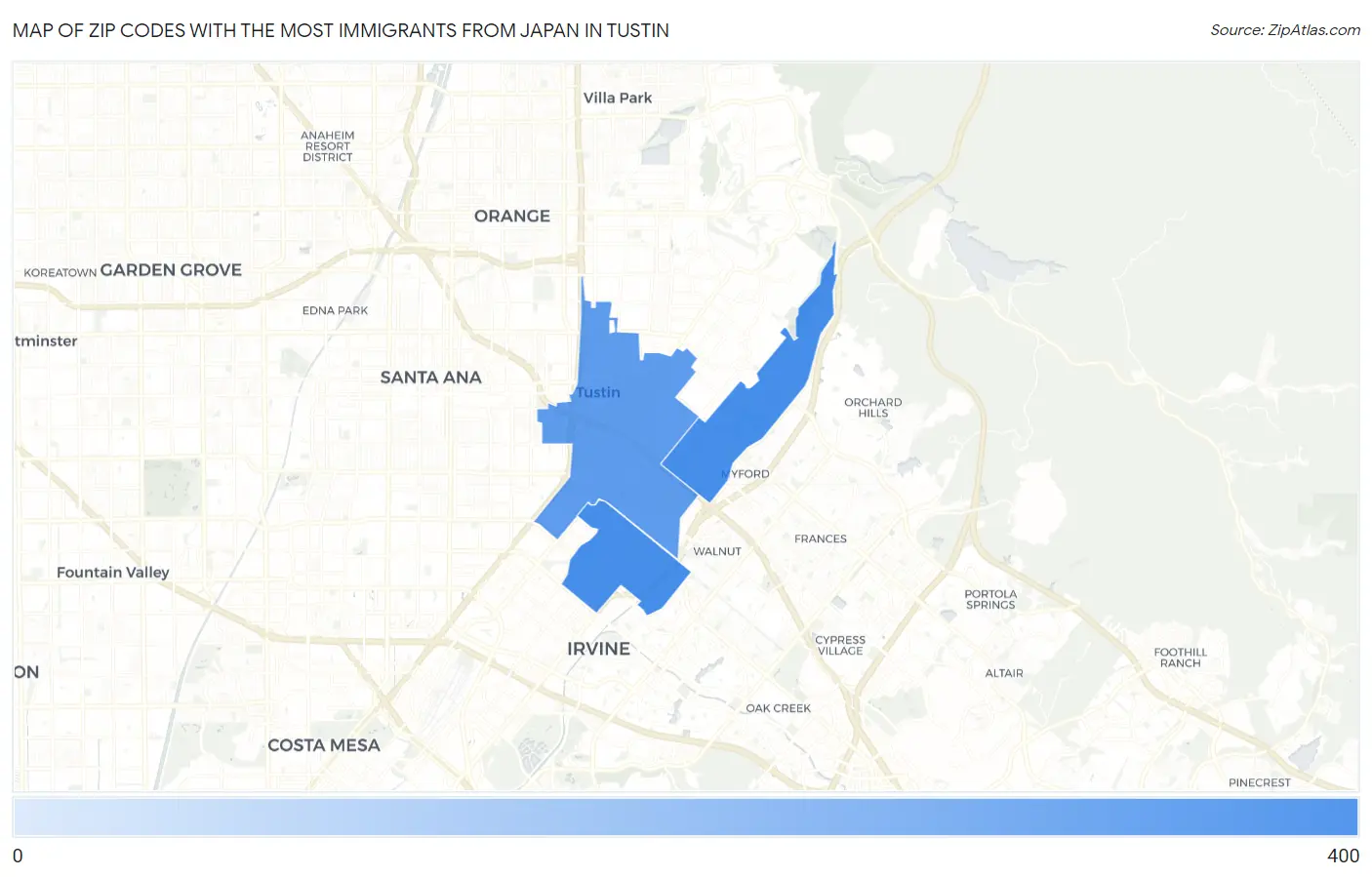 Zip Codes with the Most Immigrants from Japan in Tustin Map