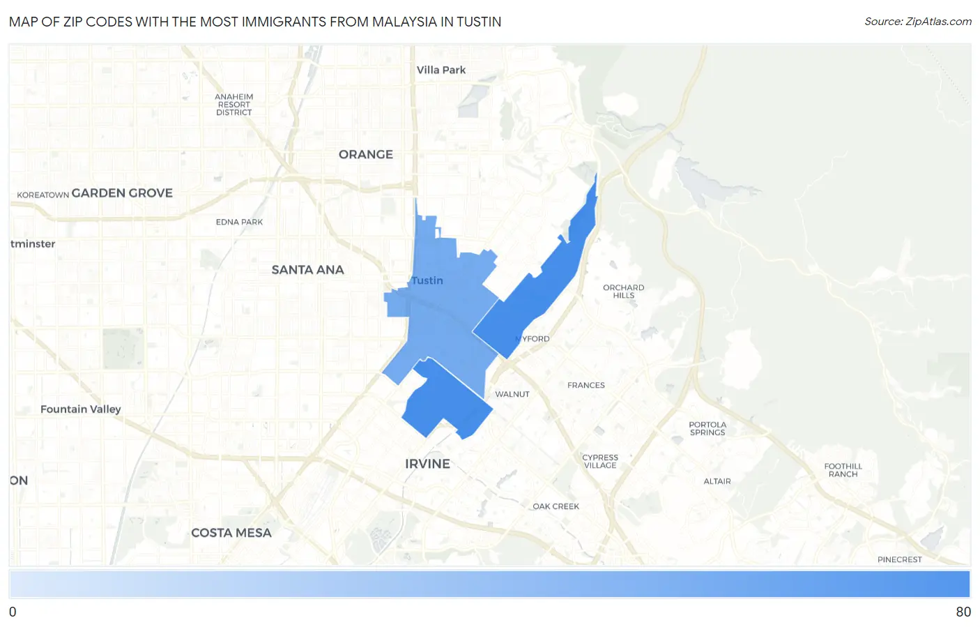 Zip Codes with the Most Immigrants from Malaysia in Tustin Map
