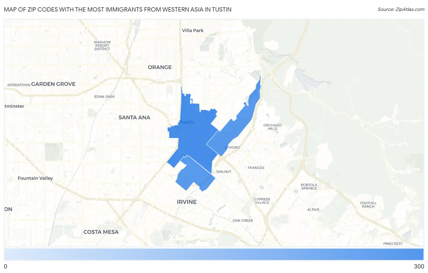 Zip Codes with the Most Immigrants from Western Asia in Tustin Map