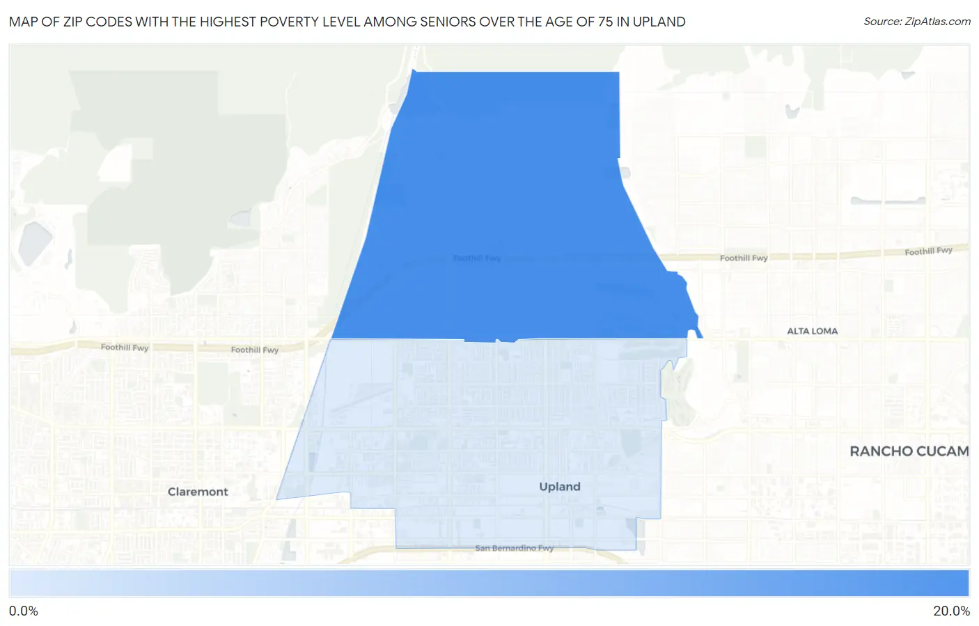 Zip Codes with the Highest Poverty Level Among Seniors Over the Age of 75 in Upland Map
