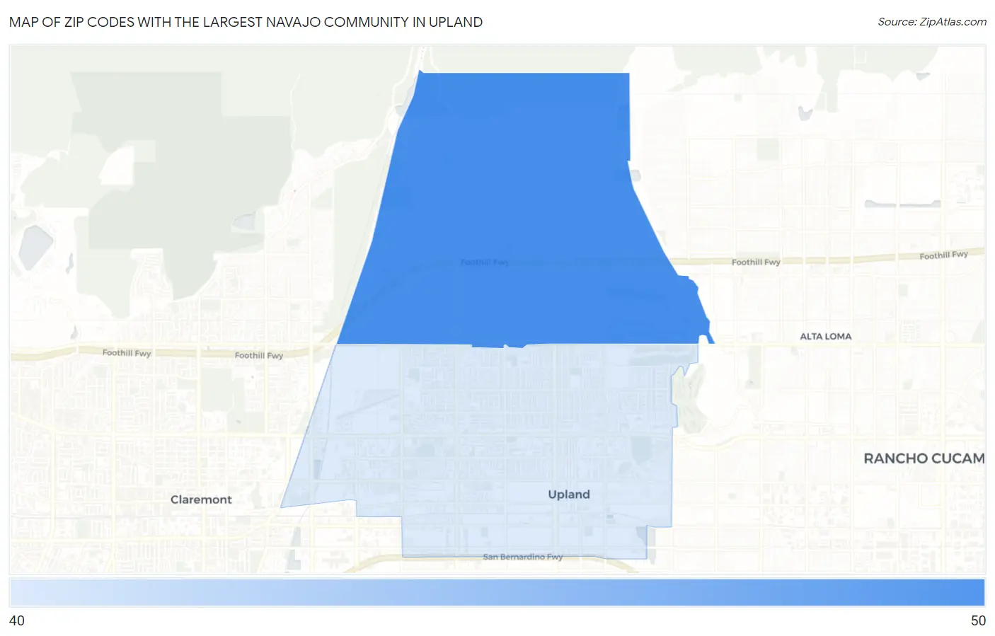 Zip Codes with the Largest Navajo Community in Upland Map