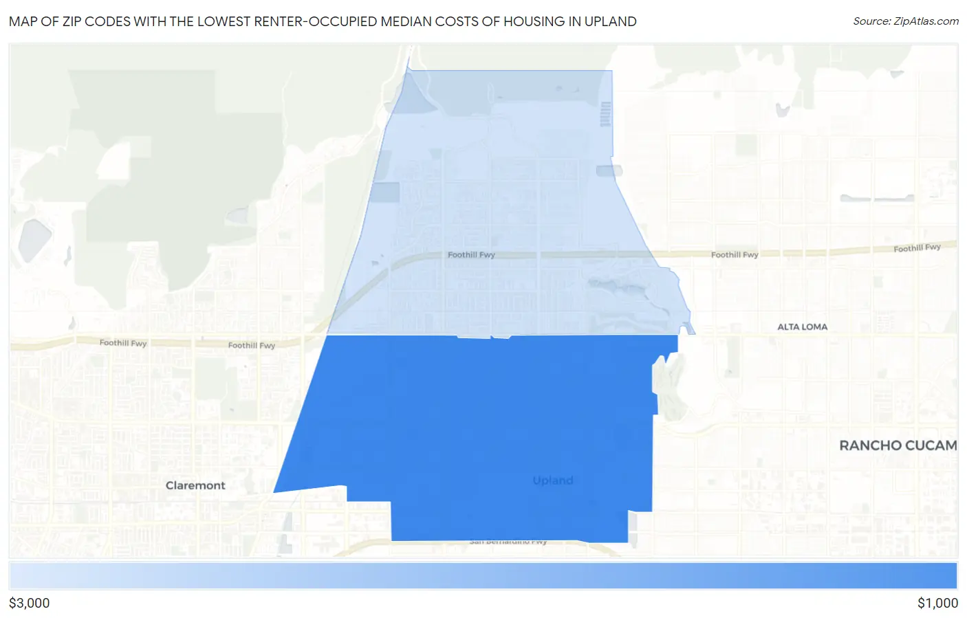 Zip Codes with the Lowest Renter-Occupied Median Costs of Housing in Upland Map