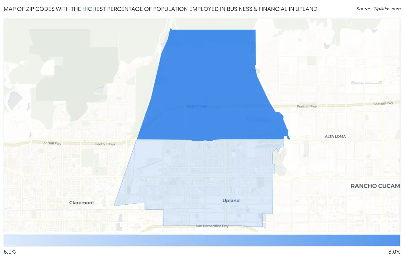 Zip Codes with the Highest Percentage of Population Employed in Business & Financial in Upland Map