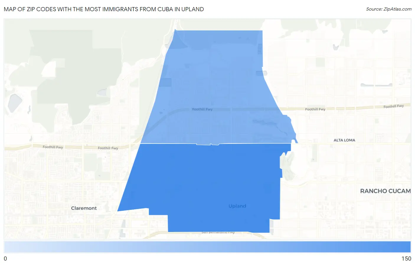 Zip Codes with the Most Immigrants from Cuba in Upland Map