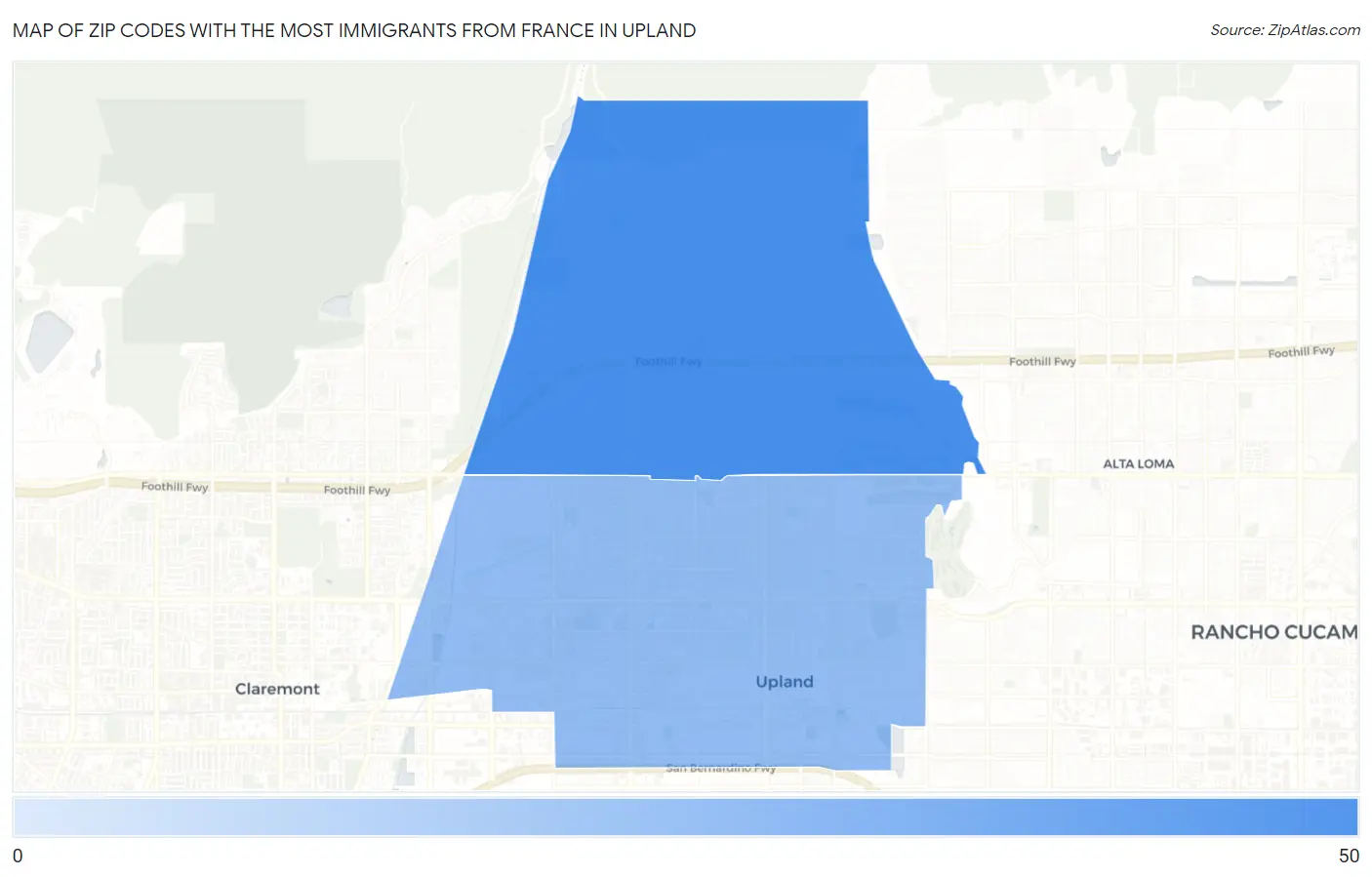 Zip Codes with the Most Immigrants from France in Upland Map