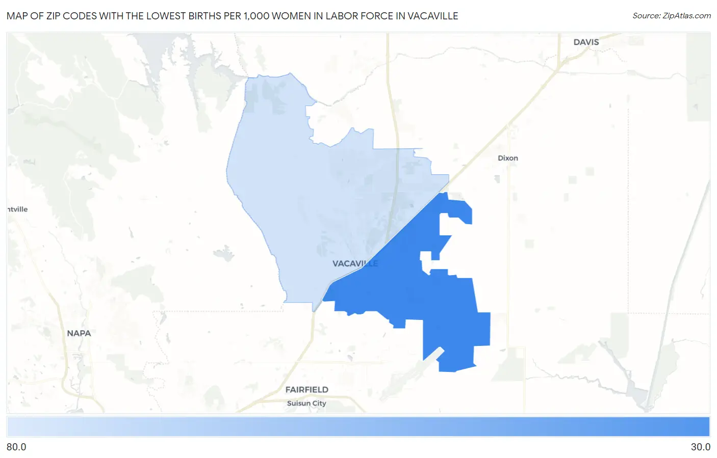 Zip Codes with the Lowest Births per 1,000 Women in Labor Force in Vacaville Map