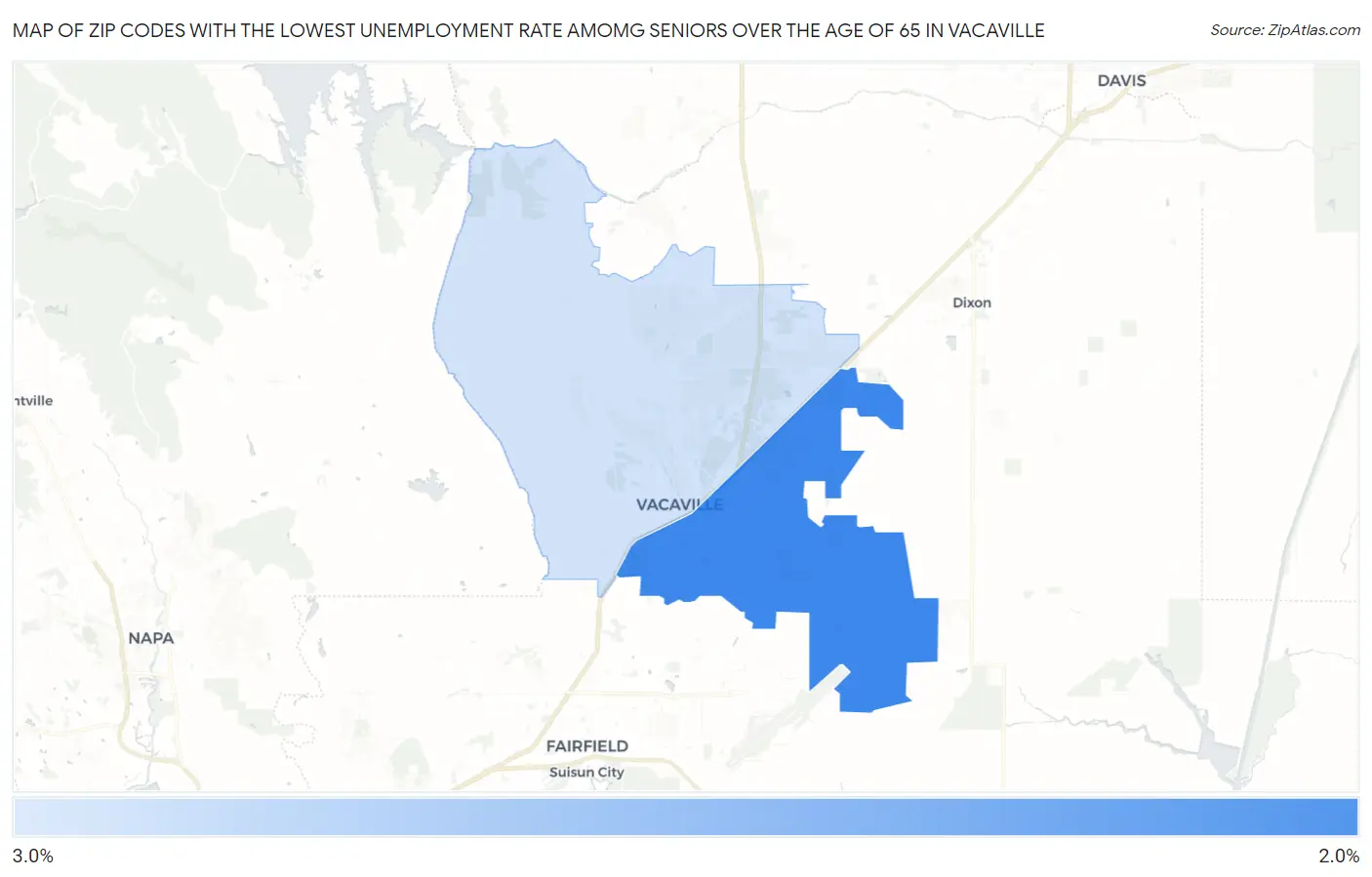 Zip Codes with the Lowest Unemployment Rate Amomg Seniors Over the Age of 65 in Vacaville Map