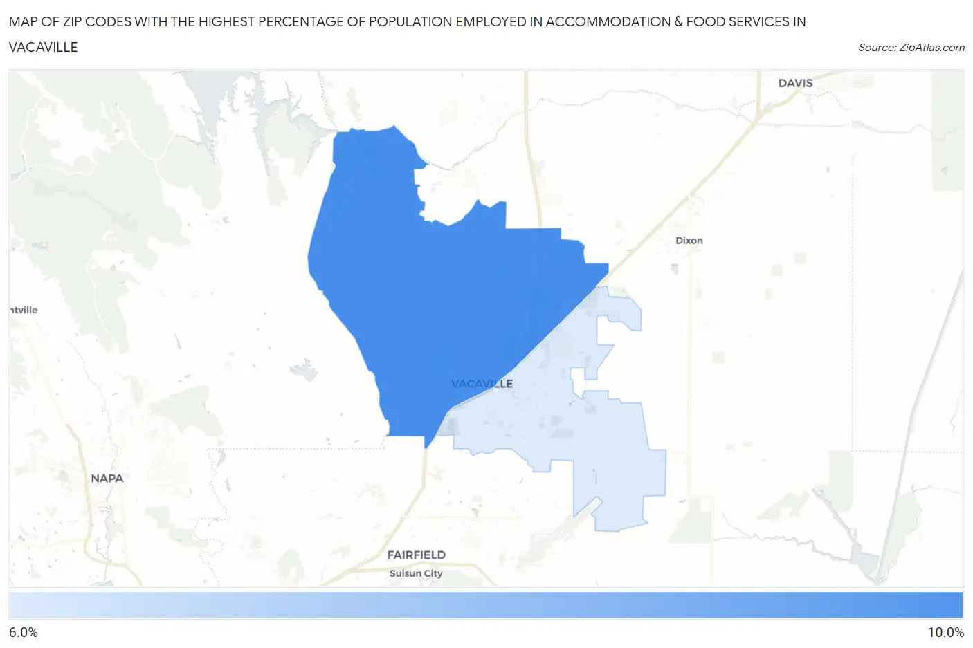 Zip Codes with the Highest Percentage of Population Employed in Accommodation & Food Services in Vacaville Map