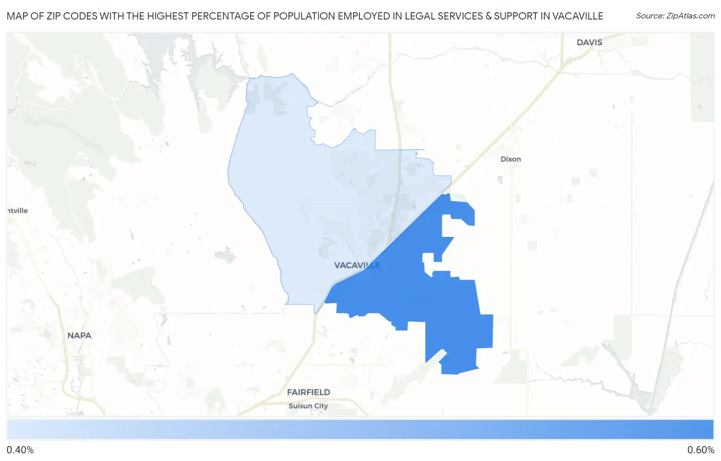Zip Codes with the Highest Percentage of Population Employed in Legal Services & Support in Vacaville Map