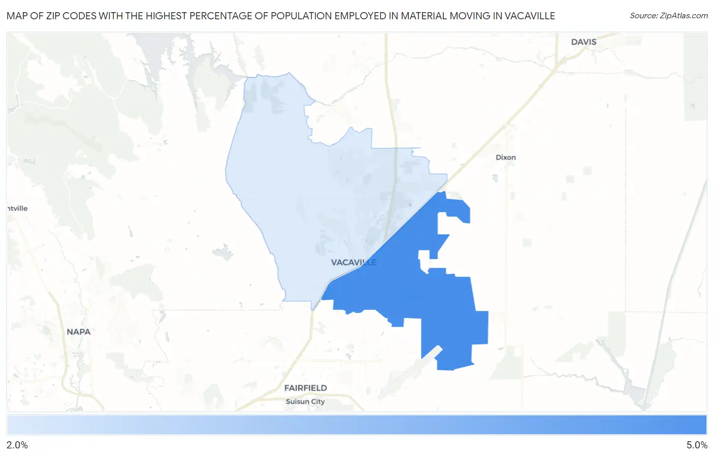 Zip Codes with the Highest Percentage of Population Employed in Material Moving in Vacaville Map