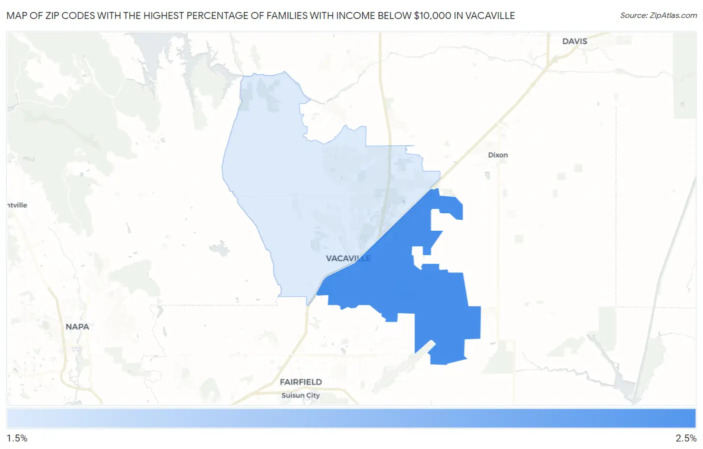 Zip Codes with the Highest Percentage of Families with Income Below $10,000 in Vacaville Map