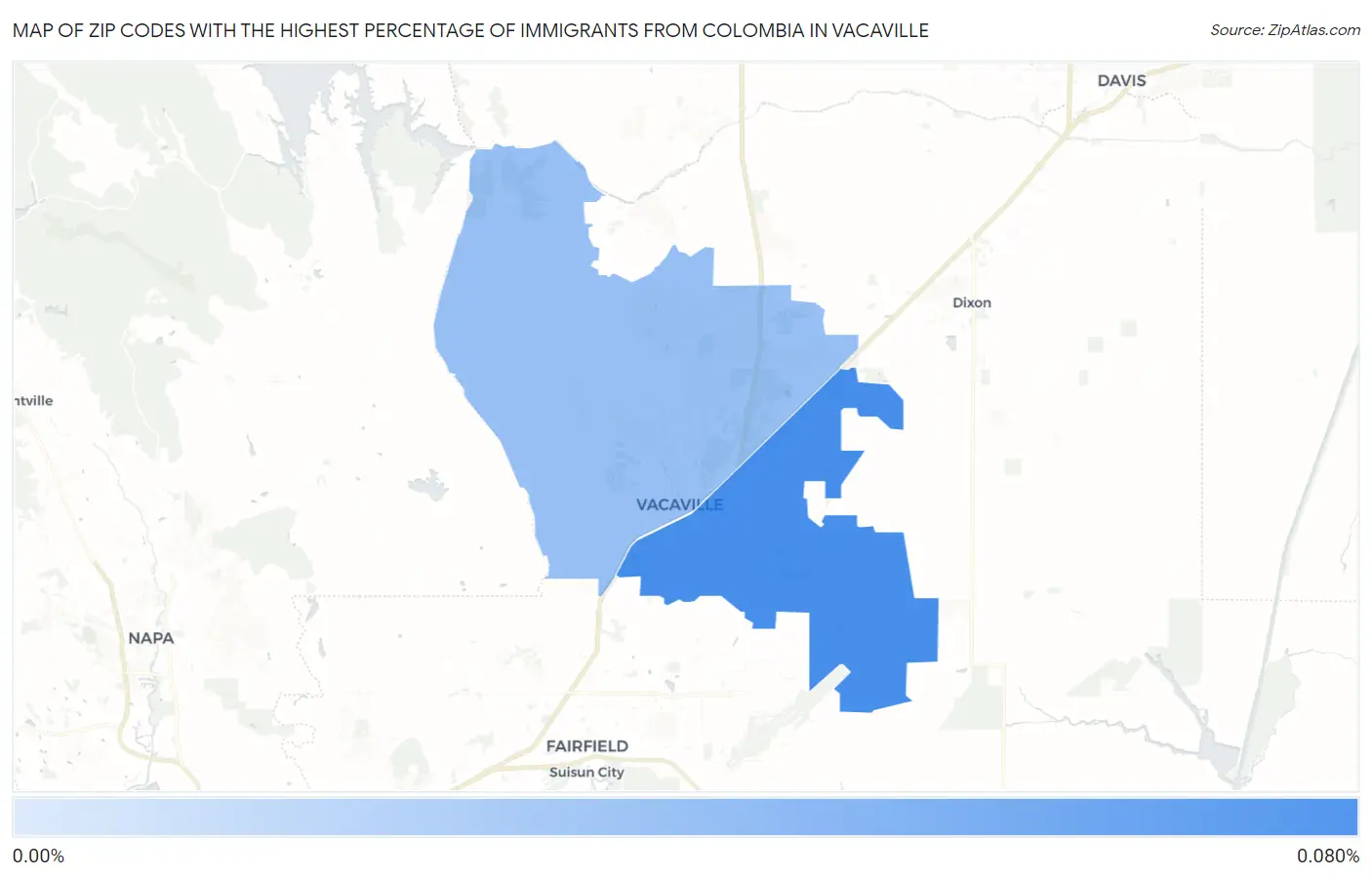 Zip Codes with the Highest Percentage of Immigrants from Colombia in Vacaville Map