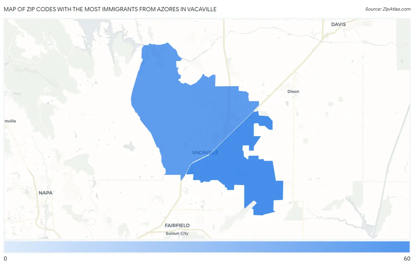 Zip Codes with the Most Immigrants from Azores in Vacaville Map