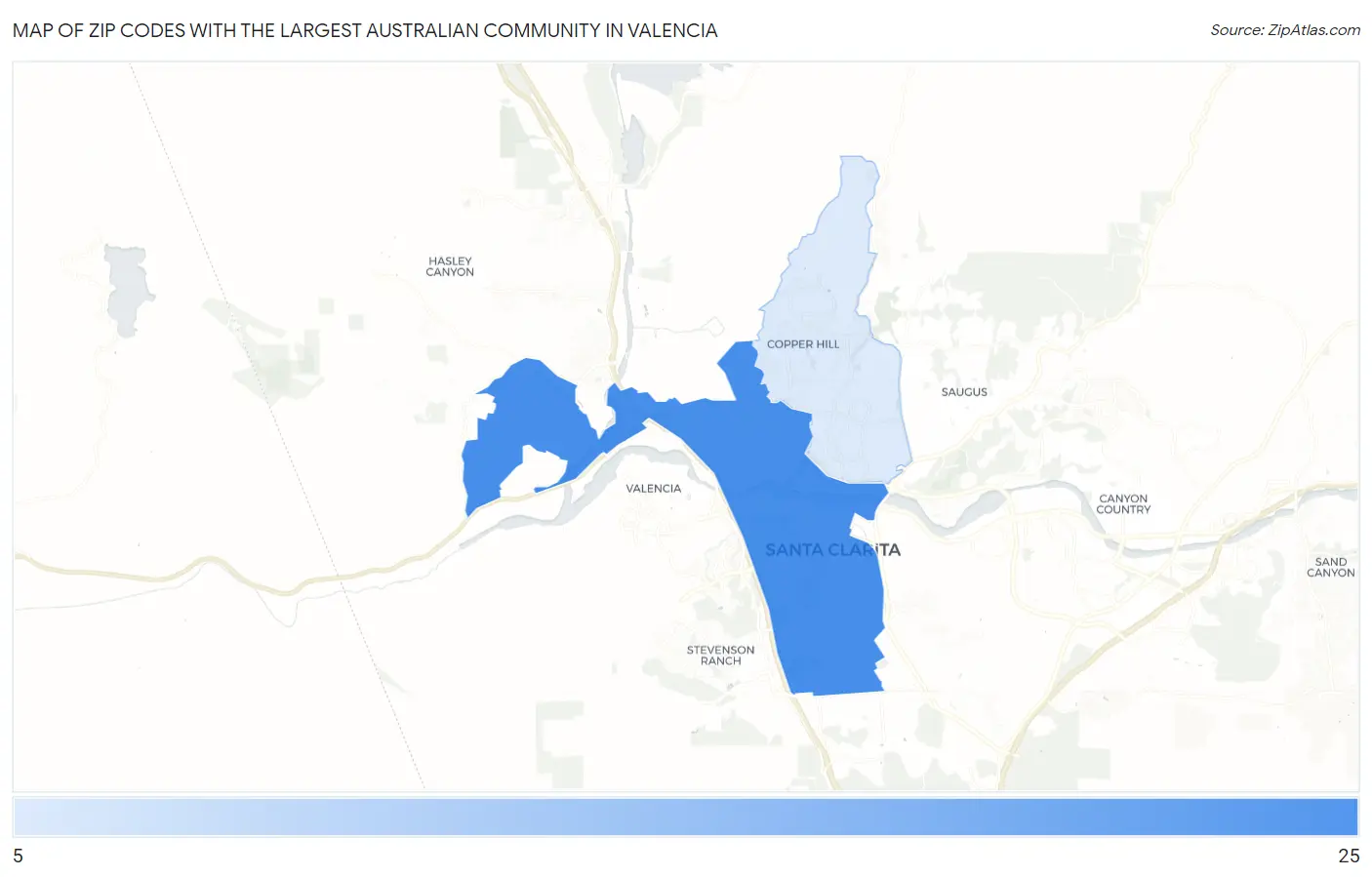 Zip Codes with the Largest Australian Community in Valencia Map
